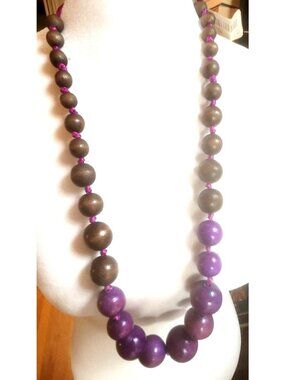 Wooden Beaded Necklace Purple Brown Beads Adjustable statement natural jewelry